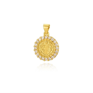Close-up of golden oval pendant featuring a religious relief and tiny cubic zirconia gems