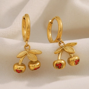 Cherry Drop Earrings Stainless Steel 18K Gold Plated Red Rhinestone Fruit Charm Fashion Jewelry For Women