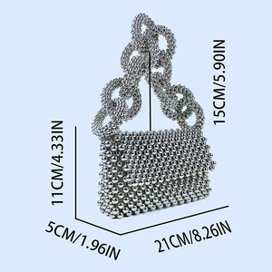 Silver beaded flap handbag size guide with wide 21cm and 11cm height dimensions