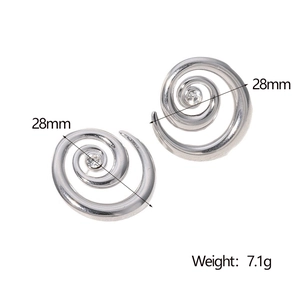 Detail view of 28mm silver vortex earrings with clear crystal centers weighing 7.1g