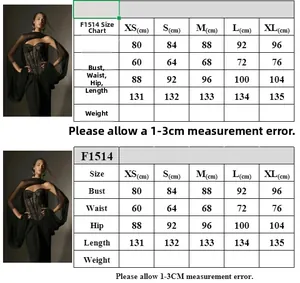 Size chart for black lace evening gown with measurements for XS to XL and mesh cape details