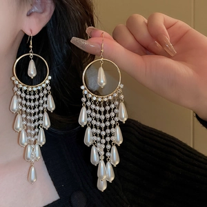 Gold hoop earrings with zircon, water drop pearls and long fringe tassels for women