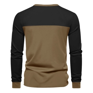Rear view of long sleeve Henley shirt with black and olive green color block design