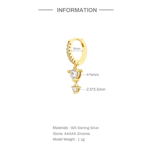 Detailed technical drawing of S925 silver hoop earrings with 9mm diameter and zirconia size