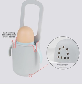 Detail of grey silicone cup holder featuring double side openings and drainage holes