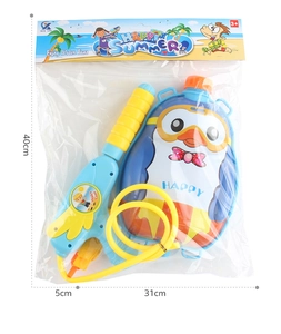 Detailed view of penguin backpack water gun set in packaging with 40x31cm dimensions
