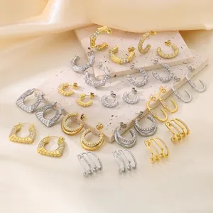 Stainless Steel Earrings Titanium Steel C-Shaped U-Shaped Geometric Rhinestone Zircon Hoops Studs For Women Retro Style