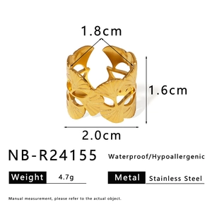 Detailed size chart of ginkgo leaf ring in 18K gold plated waterproof stainless steel