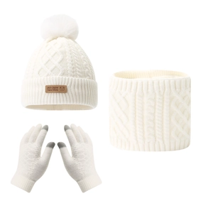 Kids 3-piece winter knit set with pom pom hat, scarf and touchscreen gloves in creamy white