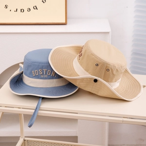 Kids quick-dry BOSTON letter fisherman hat with wide brim and adjustable chin strap