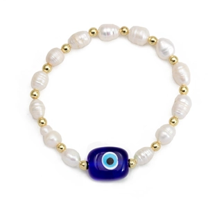 Baroque freshwater pearl bracelet with lucky blue evil eye pendant and gold beads