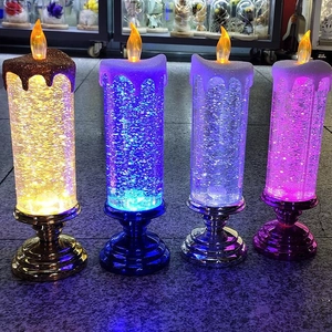 LED crystal candle night light with colorful liquid glitter and metallic base set