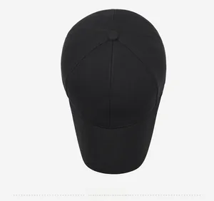 Top down view of black six-panel cotton baseball cap with Sport embroidery detailing