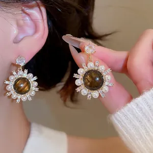 Vintage Sunflower Stud Earrings Tiger Eye Artificial Pearl Zircon Copper With 925 Sterling Silver Earring Post For Women
