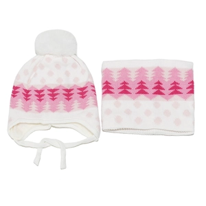 Kids winter set with pink Christmas tree knit hat and scarf featuring white pompom