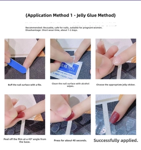 Step-by-step tutorial for applying press-on nails using jelly glue pads and tools