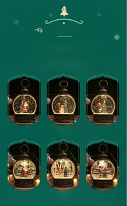 Detail view of various Christmas lantern styles with glowing glitter water effects