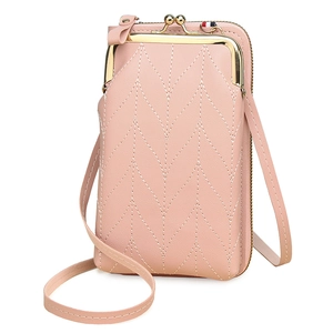 Pink quilted leather crossbody phone bag with V-stitch pattern and gold kiss-lock clasp