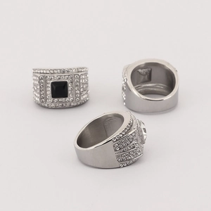 Men's hip-hop silver stainless steel ring set with square black gemstone and pavé crystals