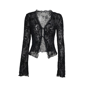 Elegant black lace chiffon blouse with ruffled bell sleeves and front ties for women