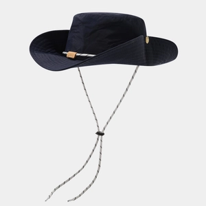 Close-up of waterproof outdoor sun hat featuring side snaps and adjustable chin strap