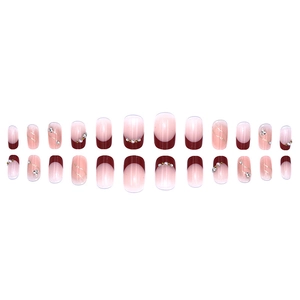 French wine red press-on nails with pearl accents and sparkling diamond rhinestones