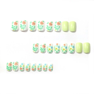 24pcs short square press-on nails with floral patterns and pastel green finish