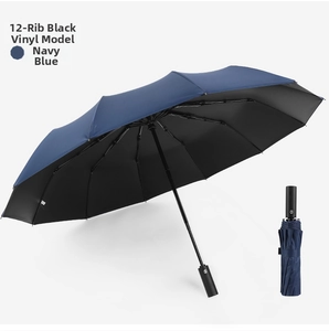 Detail of 12-rib automatic folding umbrella in navy blue with black glue sunscreen coating