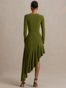 Olive green off-shoulder dress with asymmetric ruffled hem and slim fit long sleeves