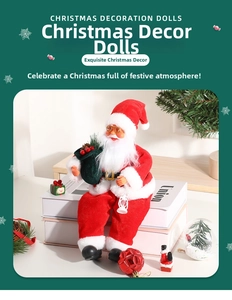 Dettaglio di Babbo Natale con occhiali e sacco regalo su una scrivania festiva