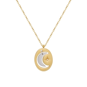 Stainless Steel Necklace 18K Gold Plated Oval Two Tone Moon And Star Pendant Vintage Elegant Jewelry For Women
