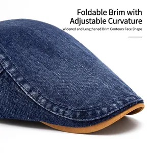 Washed denim flat cap with a wide foldable brim for men and women in vintage blue