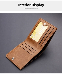 Detailed view of brown lychee texture leather wallet with card slots and ID window
