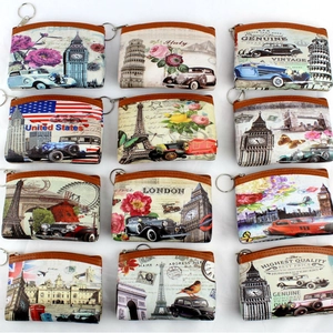 Vintage PU Leather Coin Purse Mini Wallet With Zipper Key Ring Retro Pattern For Women Travel Casual