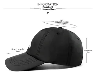 Detailed size specifications for the quick-dry baseball cap with brim and crown measurements