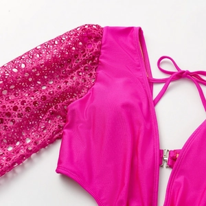 Hot pink long sleeve swimsuit with deep V hollow out design and lace detailing