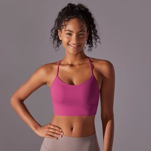 Detail of soft brushed rose pink racerback sports bra with seamless double-sided fabric