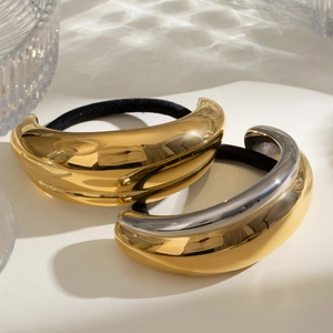 Polished 18k gold crescent metal hair tie with double layer black elastic rope bands