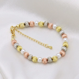 Three-tone frosted metal beads and white pearl bracelet with adjustable clasp