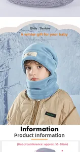 Detail of blue winter fleece set including an ear protection hat and matching neck warmer