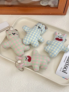 Plaid plush bear and rabbit pendants with bead chains for bags and keyrings