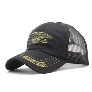Black mesh trucker hat with eagle badge embroidery and Navy Seals brim stitching