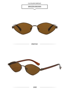 Detailed front and side views of irregular geometric brown metal sunglasses for women