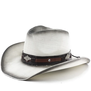 Vintage Western Cowboy Hat Woven Paper Straw Wide Brim Gradient Sun Protection Breathable Fedora For Men Women