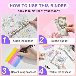 Guide showing how to use the A6 PVC glitter binder for budget tracking and cash saving