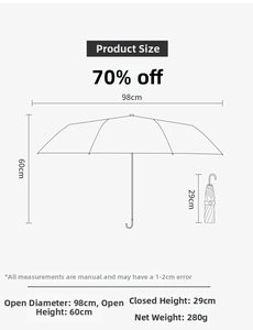 Size chart showing 98cm open diameter and 29cm folded length for automatic umbrella