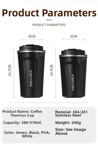 Detailed size specifications for 380ml and 510ml matte black stainless steel coffee mugs