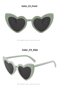 Front and 45-degree side views of mint green heart-shaped sunglasses with dark lenses