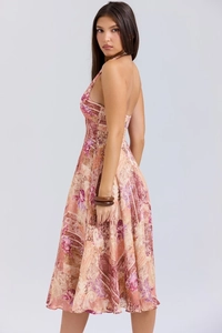 Detail view of pink and brown paisley print halter backless maxi dress with smocked waist