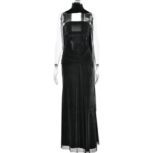 Elegant sleeveless black evening dress with metallic finish and stylish neck ribbon